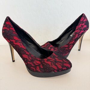 NEW Pleaser Sexy Bliss Red Black Lace Mini Platform 4” Stiletto Heel Pump Sz 11